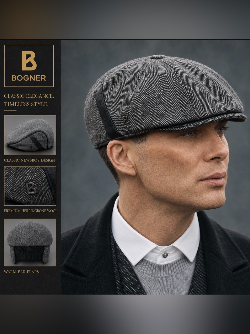 BOGNER Flap Cap Gray Herringbone Ear Flaps Classic News Boy Peaky Blinders Hat